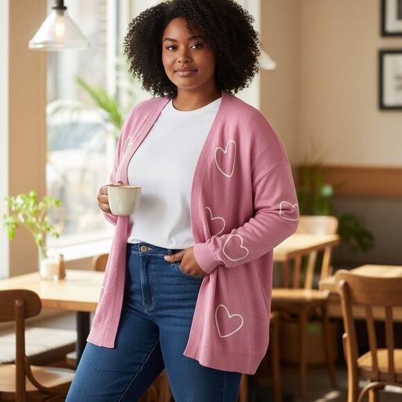 Adrienne Vittadini Knit Sweater Open Cardigan Pink Hearts SZ 3X Coquette Boho - Picture 1 of 9